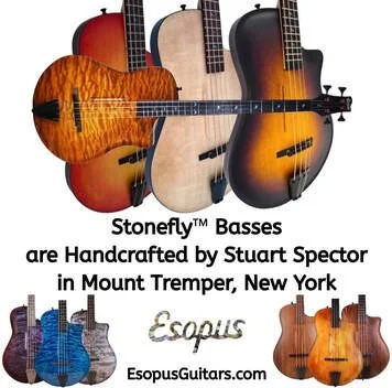 Four handcrafted Stonefly™ bass guitars in different wood finishes, with additional guitars at the bottom, and text about Stuart Spector and Esopus Guitars.