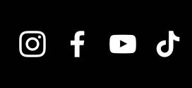 Icons of social media platforms: Instagram, Facebook, YouTube, and TikTok in white on a black background.