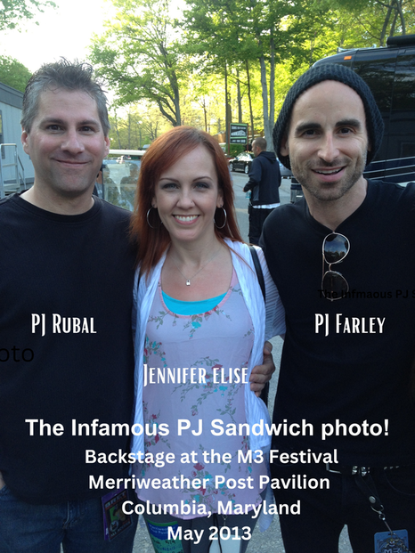Three people posing outdoors at the M3 Festival in Merriweather Post Pavilion, Columbia, Maryland, May 2013. The woman in the middle is Jennifer Elise, and the two men on either side are PJ Rubal and PJ Farley.