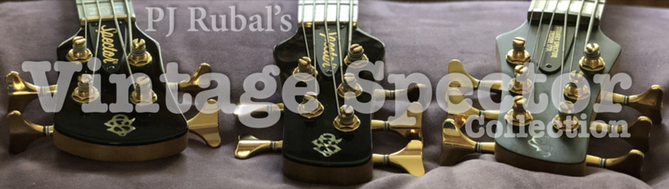 Three vintage electric bass guitar headstocks with tuning pegs and the text 'PJ Rubal's Vintage Spector Collection' overlayed.