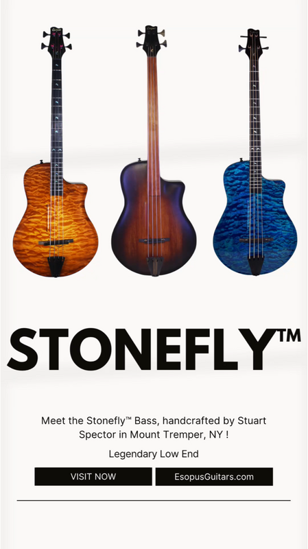 Three handcrafted Stonefly bass guitars in orange, brown, and blue colors, displayed vertically with the Stonefly logo and website below.