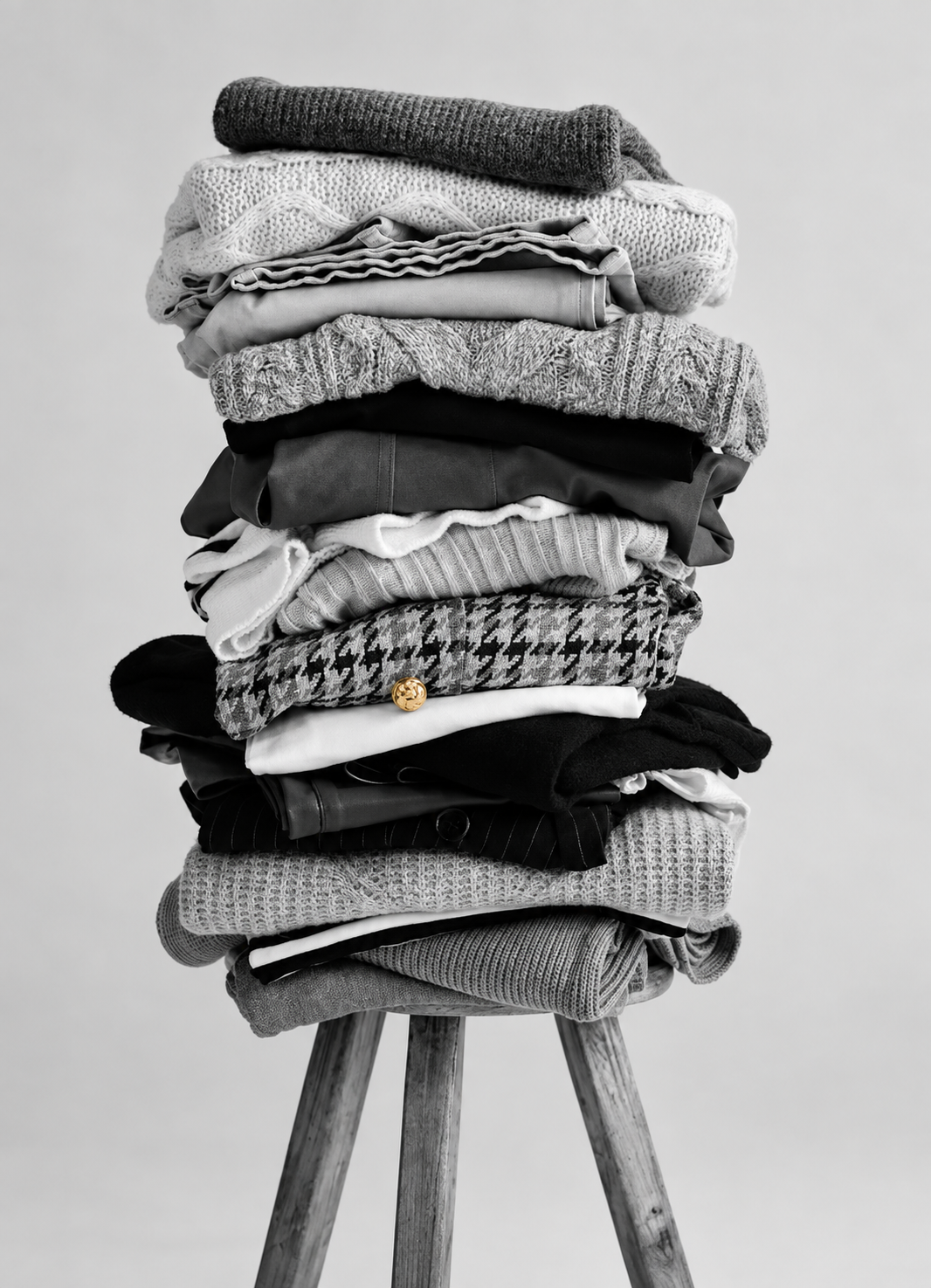 A stack of folded clothes, including sweaters, shirts, and pants, placed on a wooden stool against a plain background.
