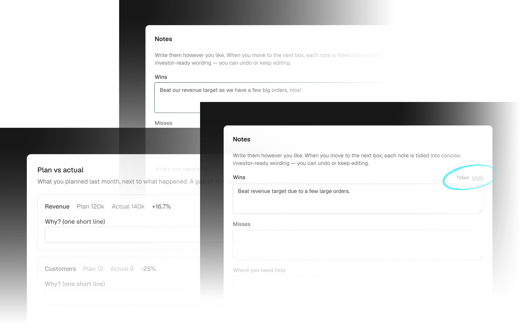 A screenshot showing documents with notes and data. One document has a note titled "Wins" with entries about exceeding revenue targets. Another document compares planned versus actual data for revenue and customers, with percentage differences. A section has circled words "Tidied" and "Undo".