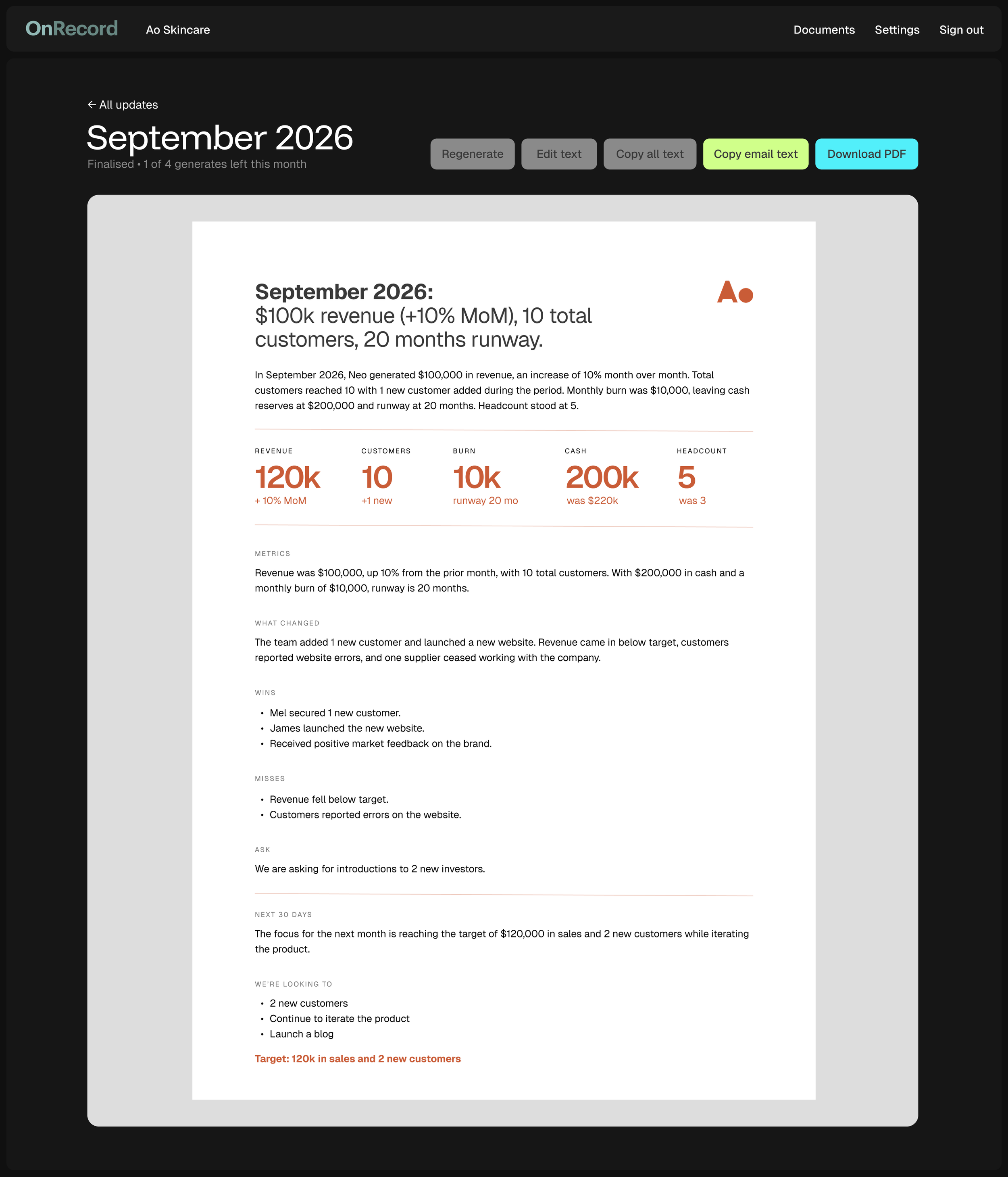 Screenshot of a digital report titled 'September 2026' with financial data and updates for a company, including revenue, customers, burn rate, cash reserves, and headcount, on a dark-themed interface with options for regenerate, edit text, copy all, copy email, and download PDF.