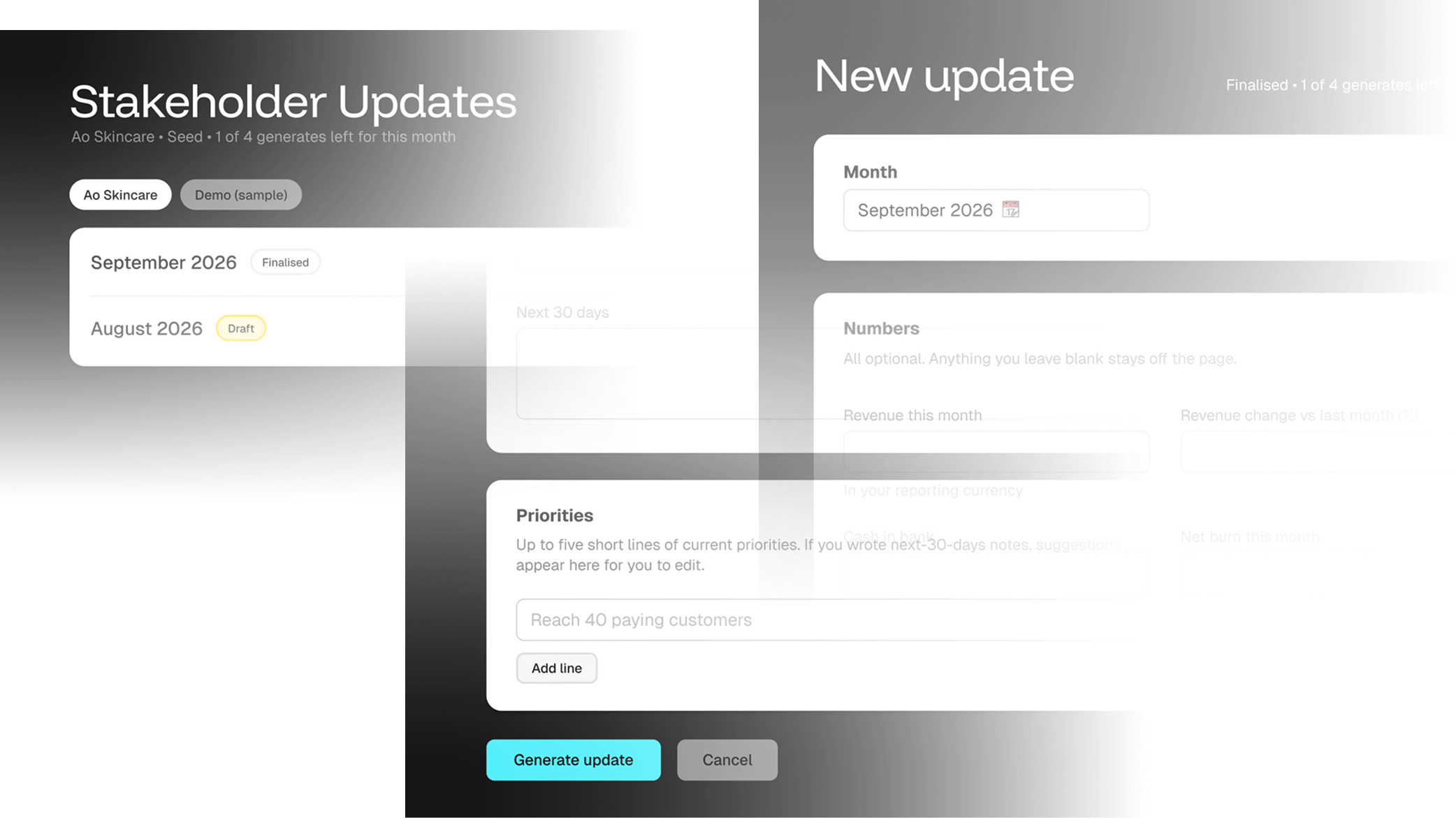 Screenshot of a user interface displaying stakeholder updates and new update forms for September 2026 with options to select the month, enter numbers, priorities, and generate or cancel updates.
