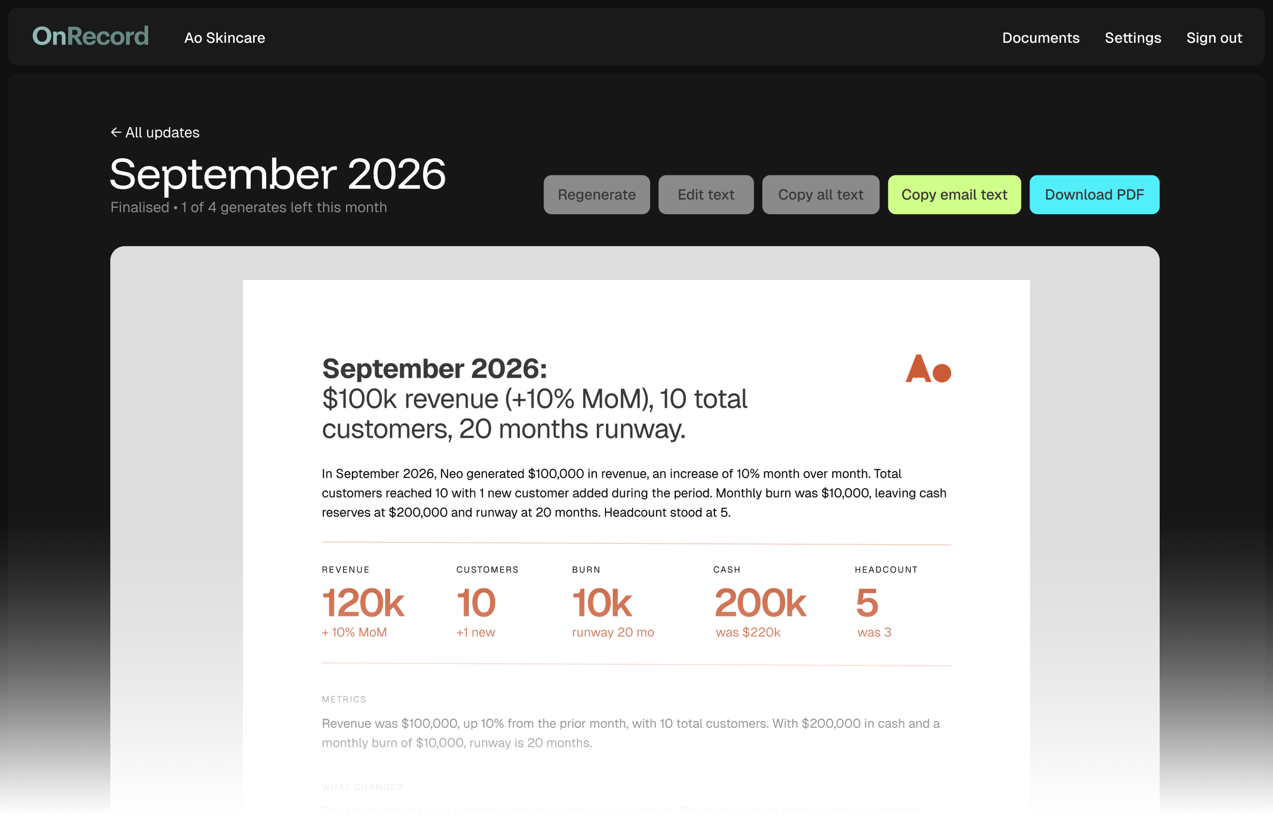 Screenshot of a webpage titled "September 2026" showing business data and metrics related to revenue, customers, burn, cash, and headcount, with navigation options at the top.
