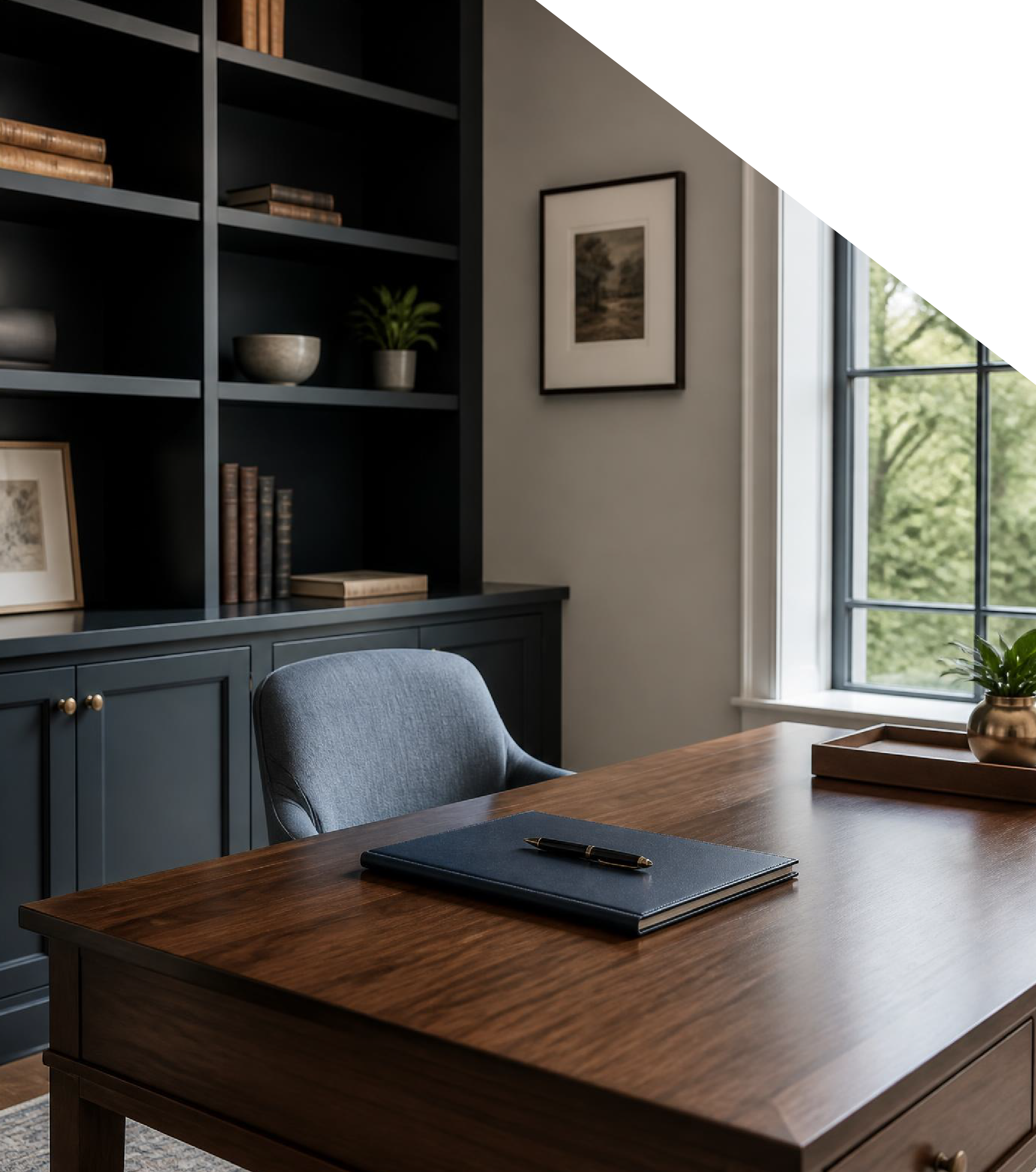 Close-up of a wooden office desk with a black notebook and a pen on top, in a room with a gray chair, bookcase filled with books and plants, and framed artwork on the wall nearby.