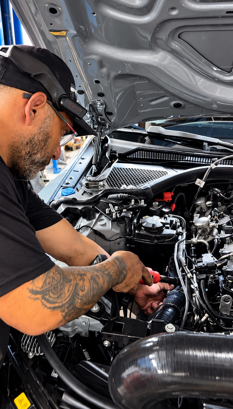 A mechanic working on a car engine, using a red tool, with the car's hood open in a workshop.