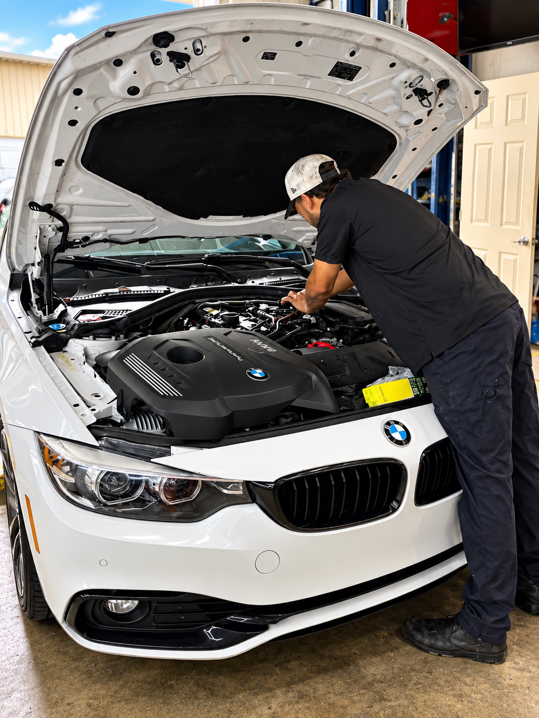A man wearing a black shirt, black pants, and a backwards cap inspecting the engine of a white BMW with its hood open inside an auto repair shop.