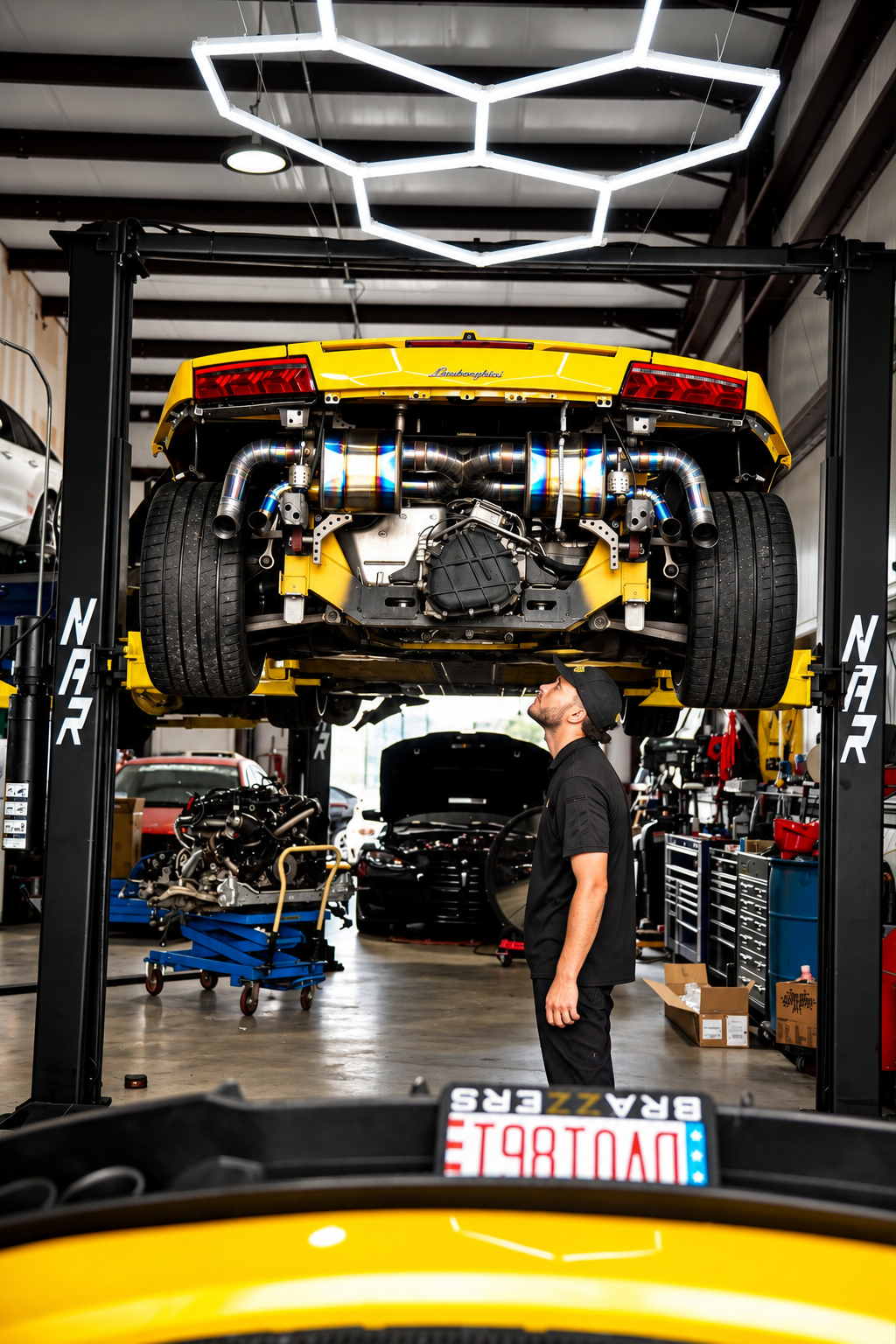A yellow Lamborghini lifted on a hydraulic lift in a garage, with a mechanic inspecting the underside. The garage has tools and other vehicles, including one with an open hood. A neon light fixture is mounted on the ceiling.