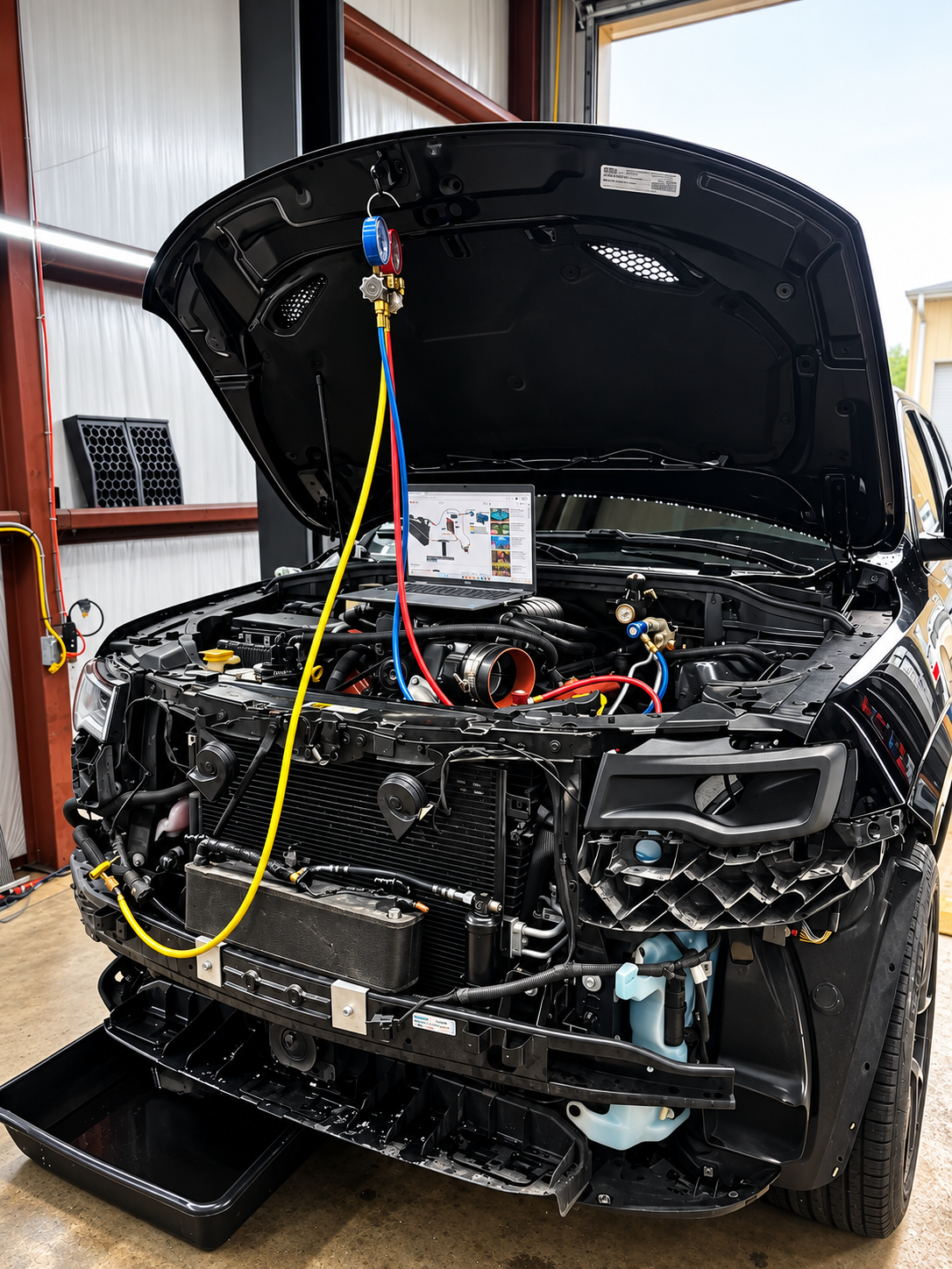 Car with open hood connected to diagnostic tools, with a laptop displaying automotive diagrams in a garage.