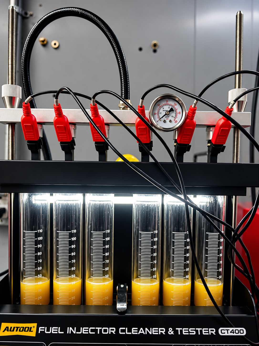 A fuel injector cleaner and tester machine with multiple transparent tubes filled with yellow liquid, connected with red and black electrical wires, and featuring a pressure gauge on top.