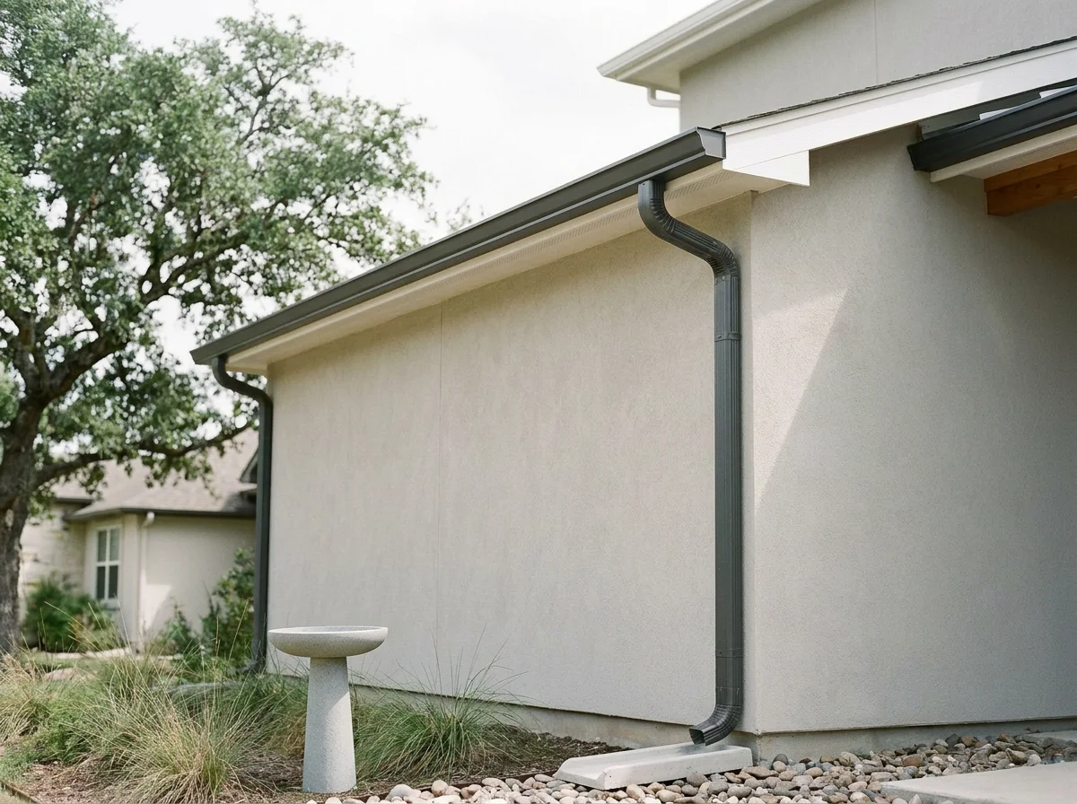 Modern house exterior with dark gray gutters and downspouts, ornamental grasses, river rocks, and a concrete birdbath