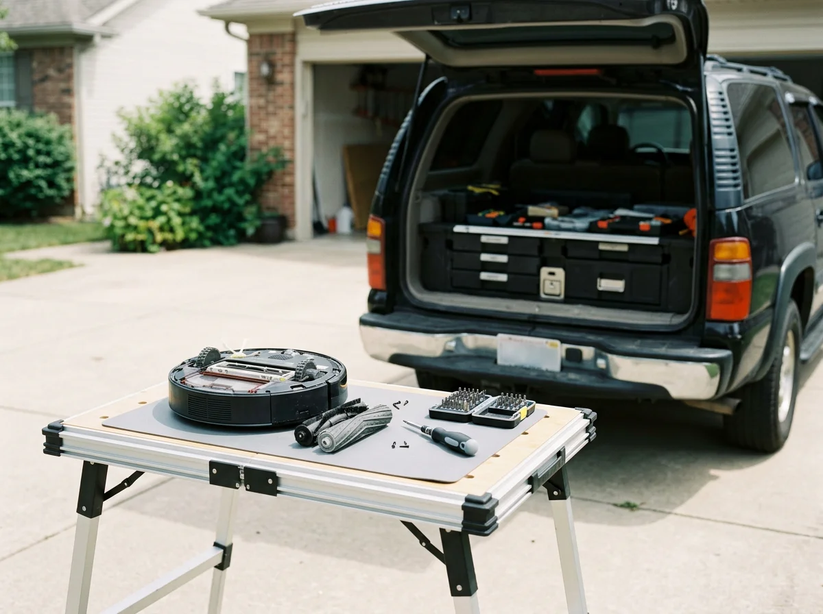 Open SUV loaded with toolboxes behind a portable workbench holding a robotic vacuum and repair tools in a driveway.