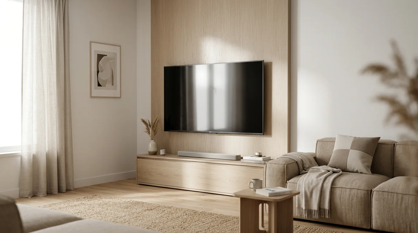Neutral-toned modern living room with a wall-mounted TV, wood media console, beige sofa, coffee table, and natural light.