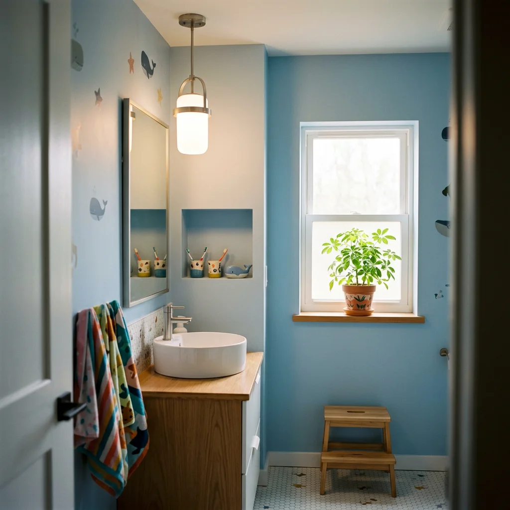 Bright blue children’s bathroom with a white vessel sink, mirror, colorful towels, fish wall decals, potted plant, and wooden step stool