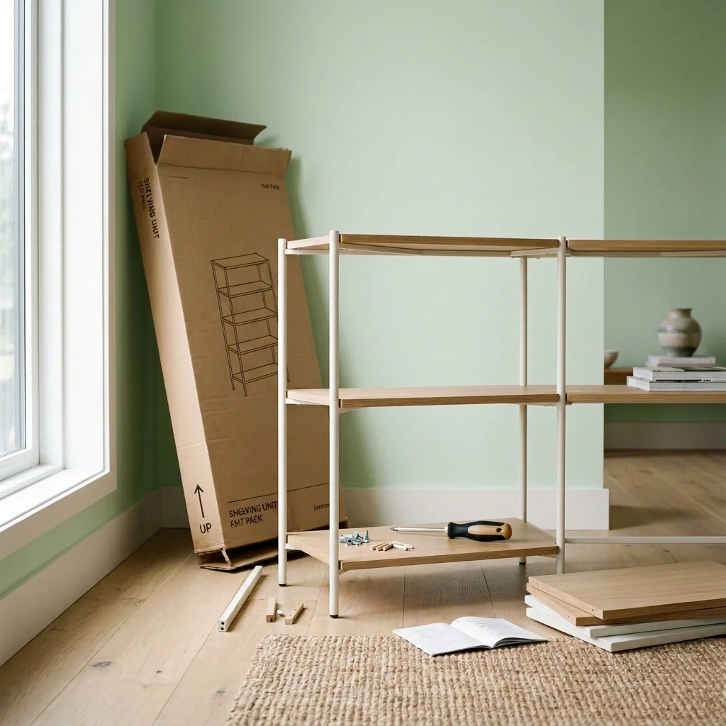 Partially assembled wooden shelving unit with tools, hardware, instruction manual, and cardboard packaging in a bright green room