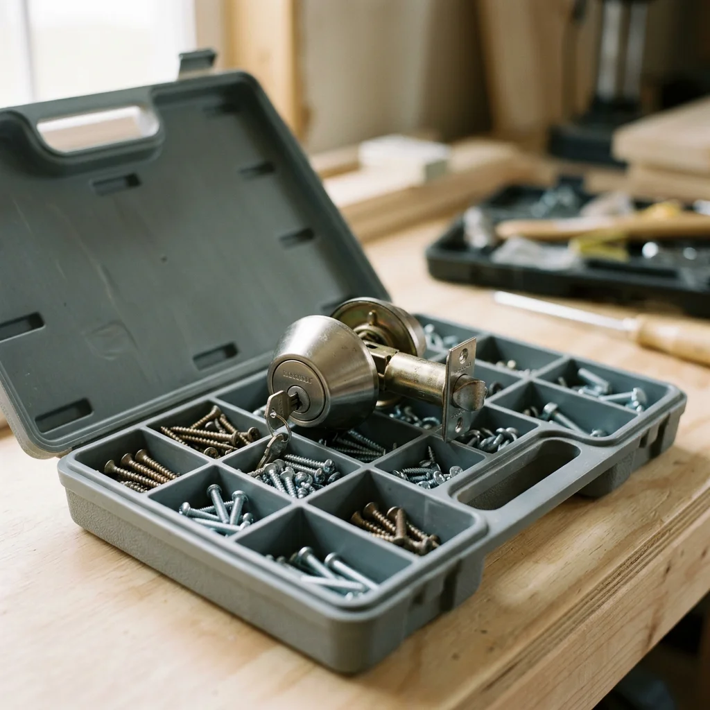 Door lock assembly and assorted screws in a compartmented plastic organizer on a wooden workbench