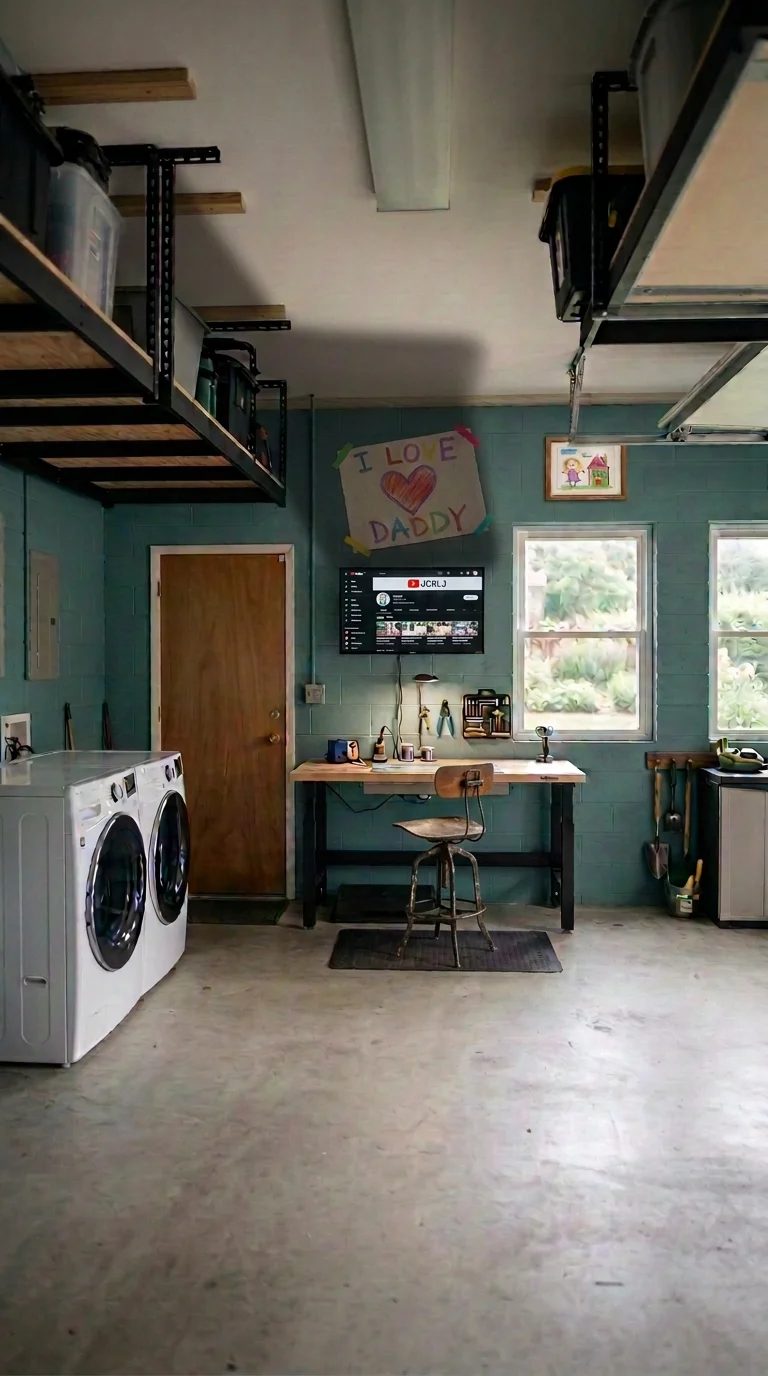 Organized garage workspace with washer and dryer, storage shelves, workbench, windows, tools, and wall-mounted TV