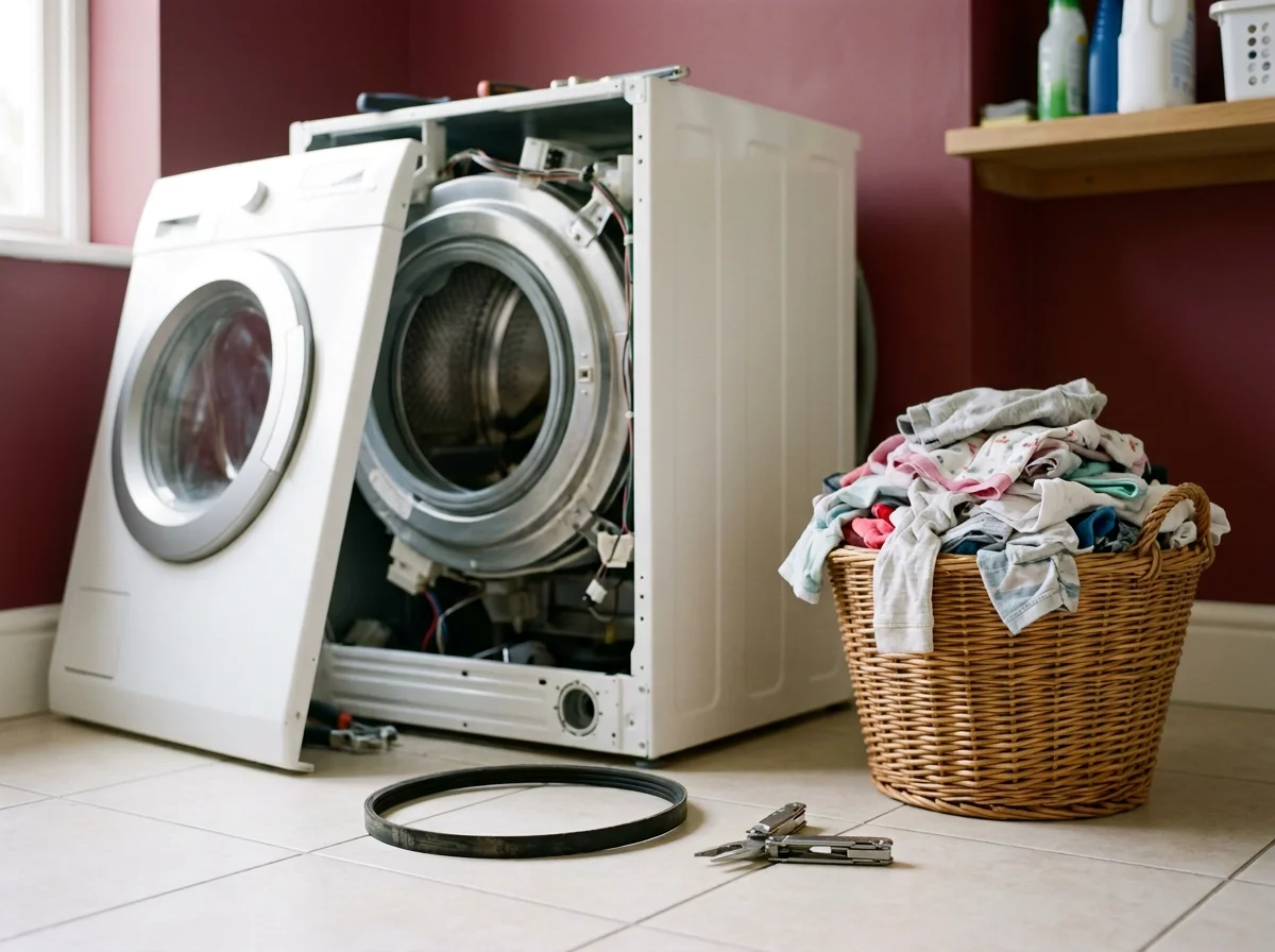 Disassembled front-loading washing machine beside a basket of laundry, with a loose rubber belt and repair tools on the tiled floor.