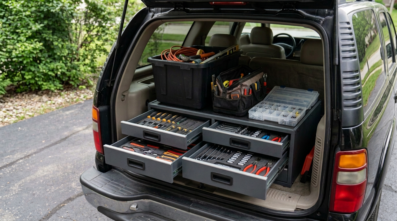 Open SUV trunk with organized tool drawers, tool bags, storage bins, screwdrivers, pliers, and hand tools