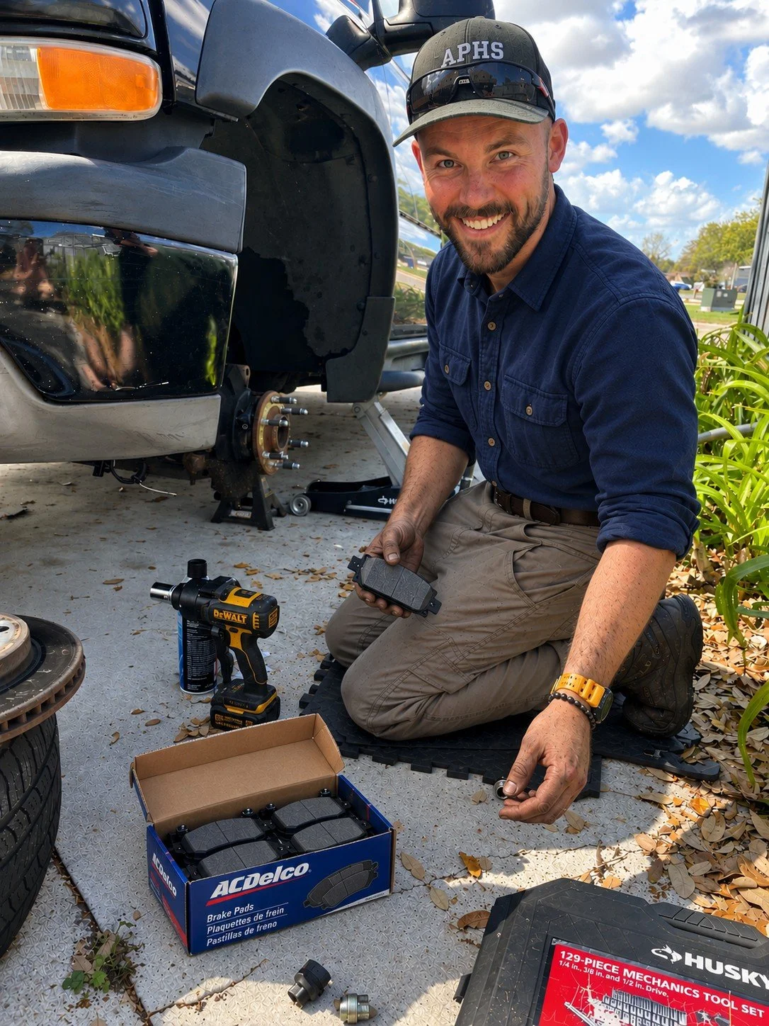 Mechanic replacing truck brake pads beside a raised vehicle, with an ACDelco brake pad box, DeWalt impact driver, and Husky tool kit.
