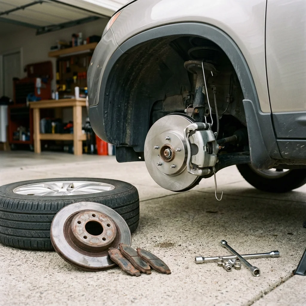 Car with wheel removed, exposing the brake rotor and caliper, with replacement brake parts and tools on a garage floor.
