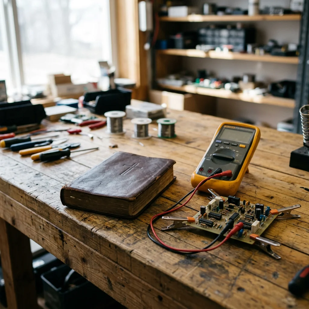 Electronics workbench with a digital multimeter, circuit board, solder spools, tools, and an old leather-bound book
