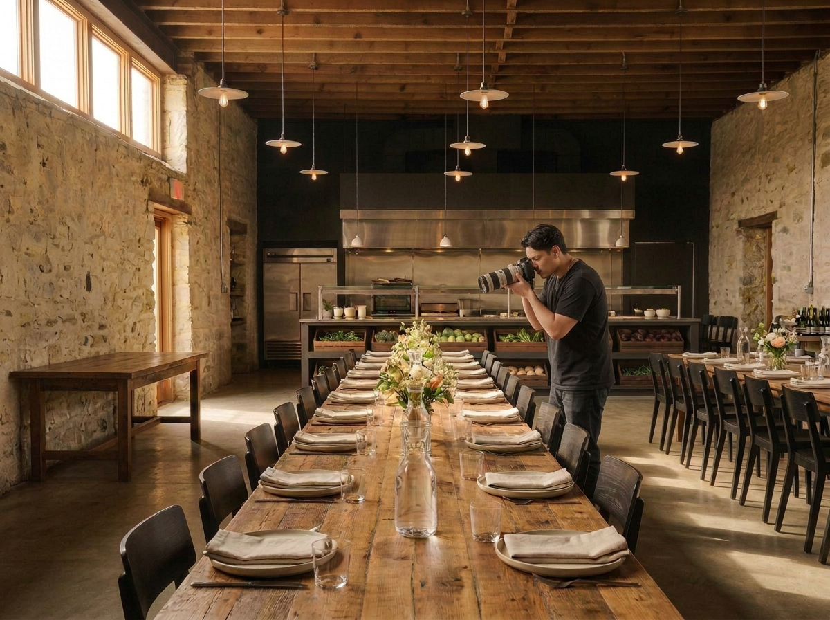 A young man taking photos of a long wooden dining table set for a meal in a rustic restaurant with stone walls and high ceiling.