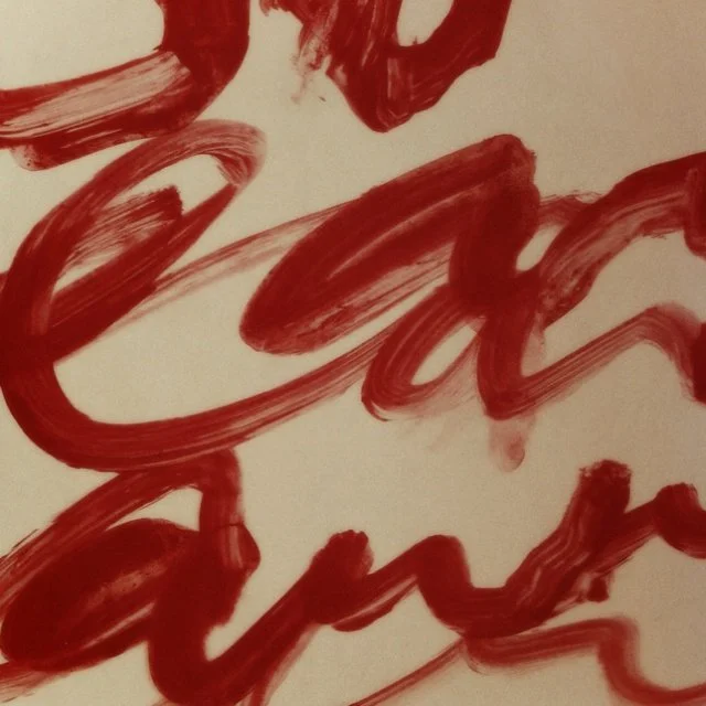 Close-up of red paint strokes on paper forming cursive writing.