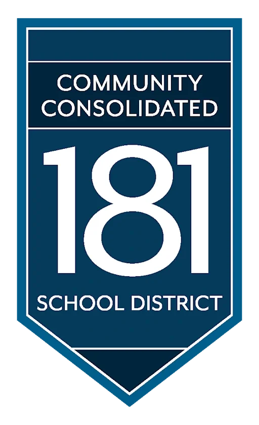 A blue school district badge with white text that reads "COMMUNITY CONSOLIDATED 181 SCHOOL DISTRICT."