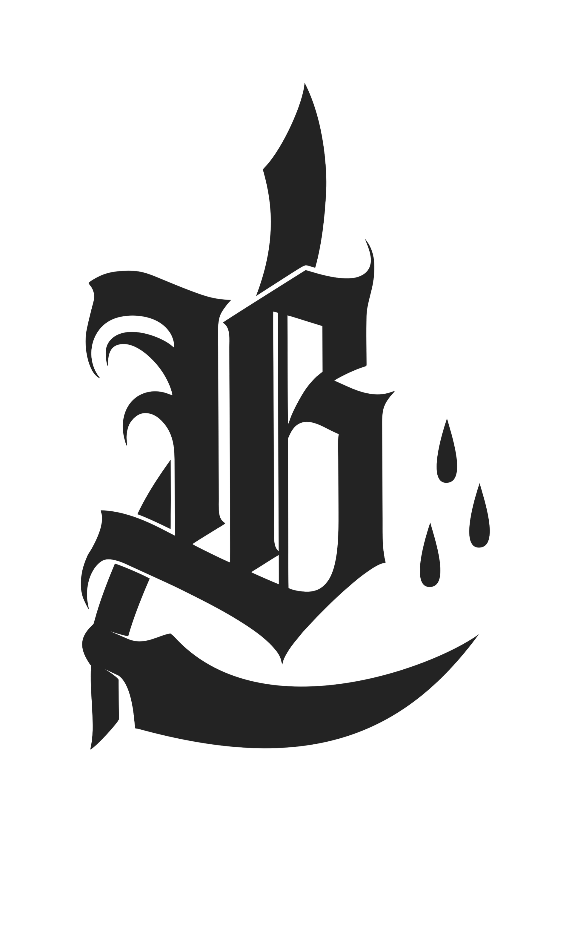 Black and gray tattoo-style illustration featuring a sword, a rose, and a dagger with dripping elements.