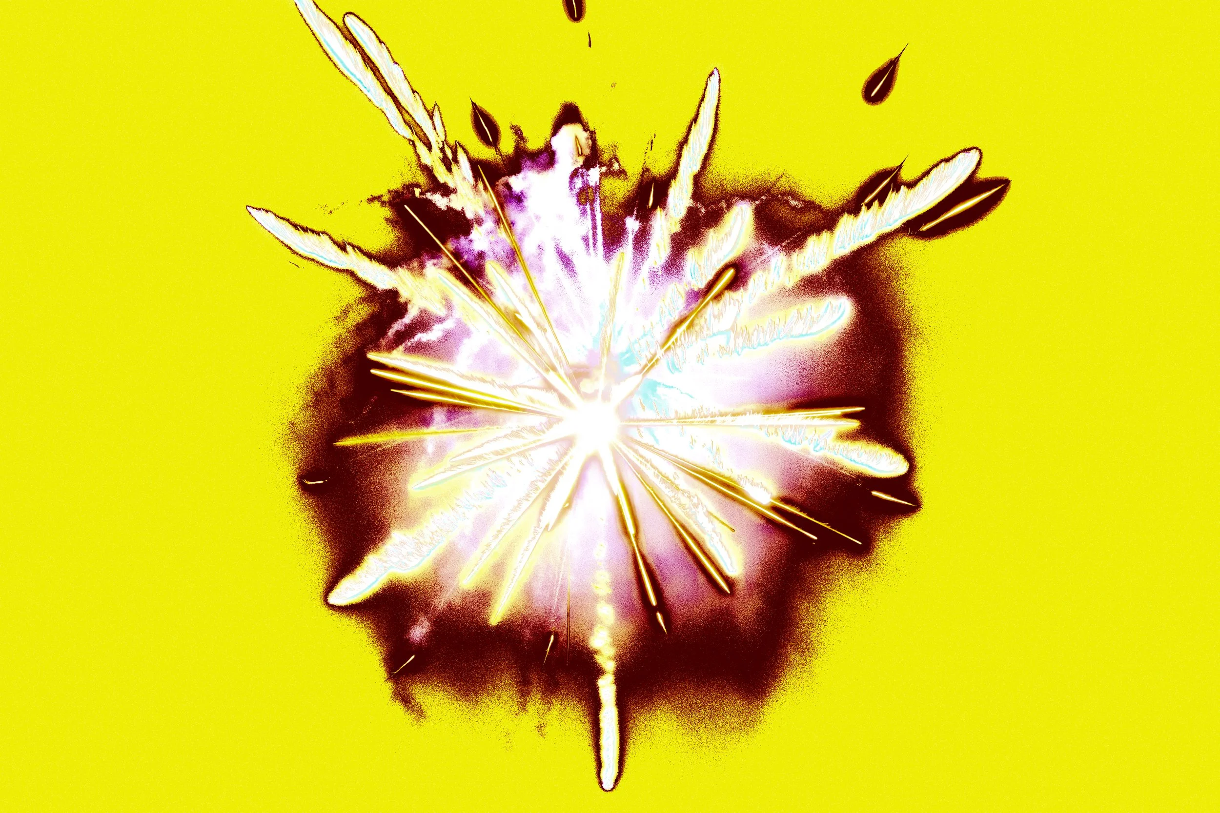 An abstract, stylized image of a sparkling explosion or firework against a yellow background.