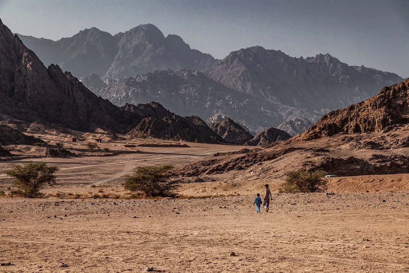 A vast desert landscape with sparse vegetation and a clear sky, featuring two people walking in the foreground with mountains in the distance.