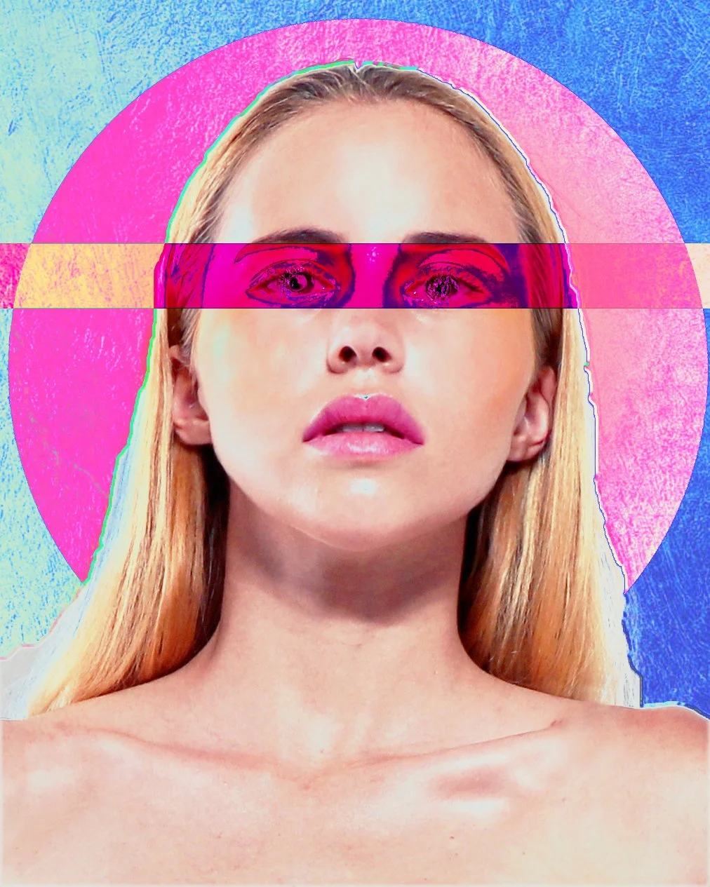 A woman with blonde hair against a colorful pop art background with a pink circle and blue textured sections. The image has a glitch effect with distorted colors and stripes across the face.