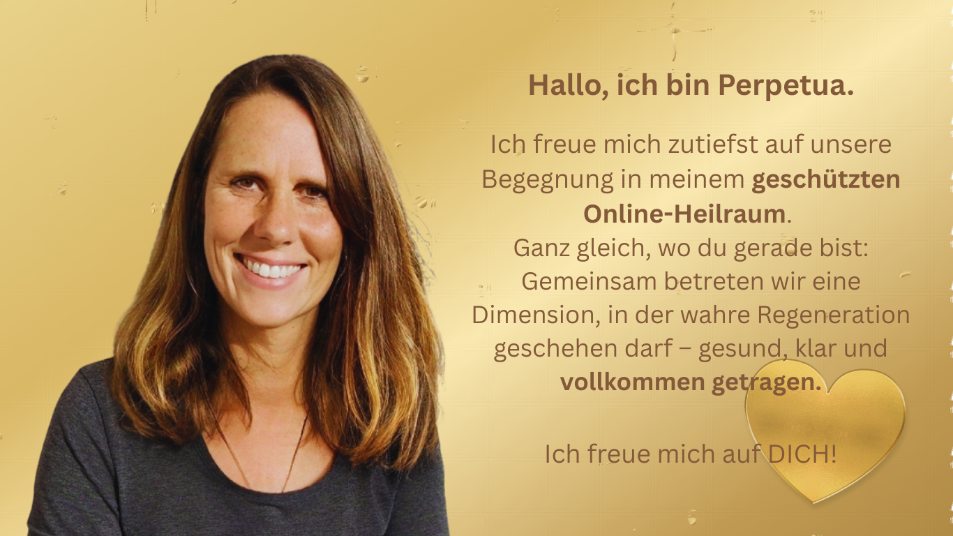 Ein Lächelndes Frauengesicht mit braunen Haaren auf goldenem Hintergrund, neben einem goldenen Herz und Text auf Deutsch.