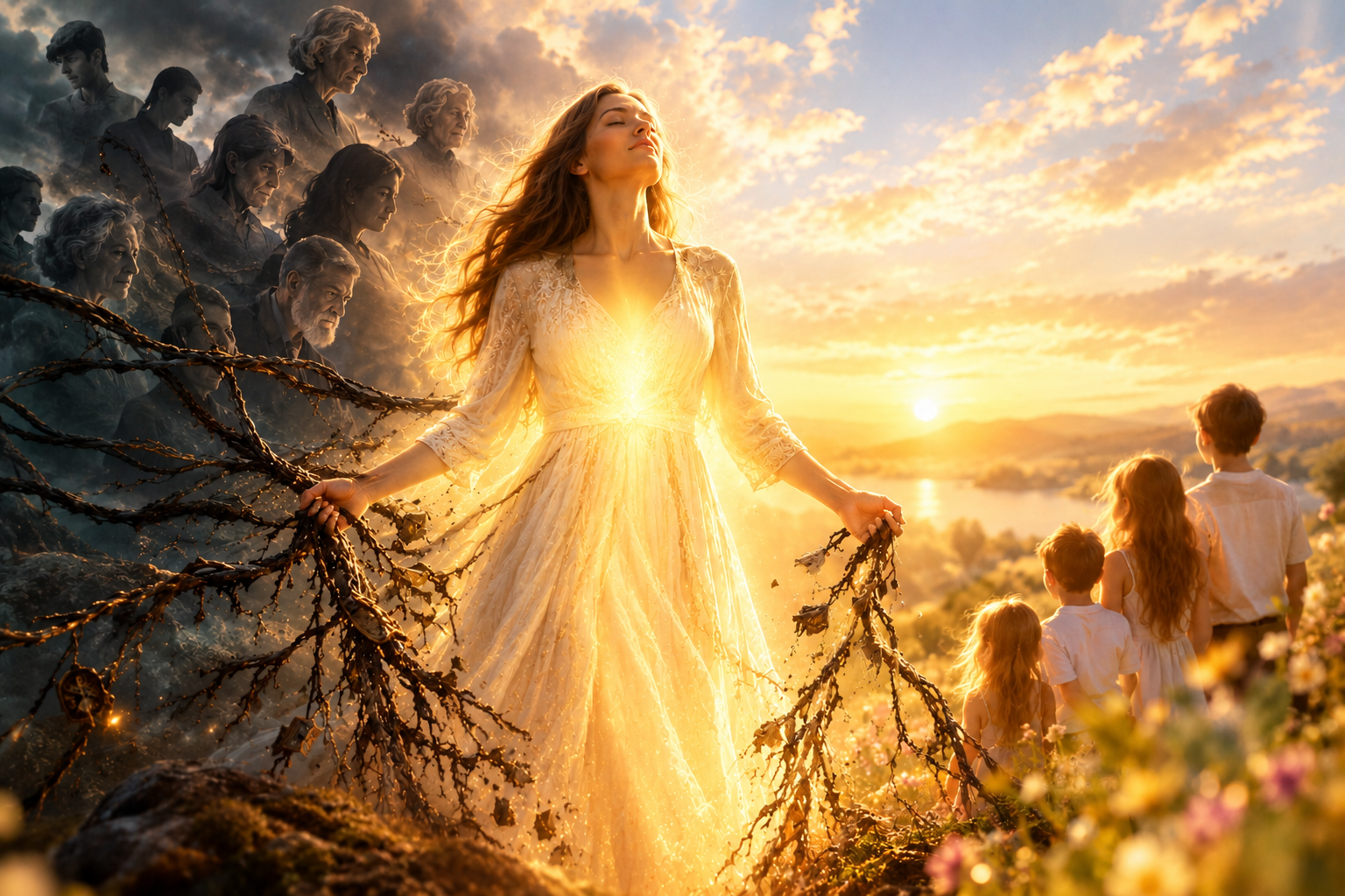Symbolisches Bild zur Ahnenheilung: Eine leuchtende Frau löst sich von dunklen Ahnensträngen und steht im Licht, während Kinder die Freiheit der kommenden Generationen symbolisieren.