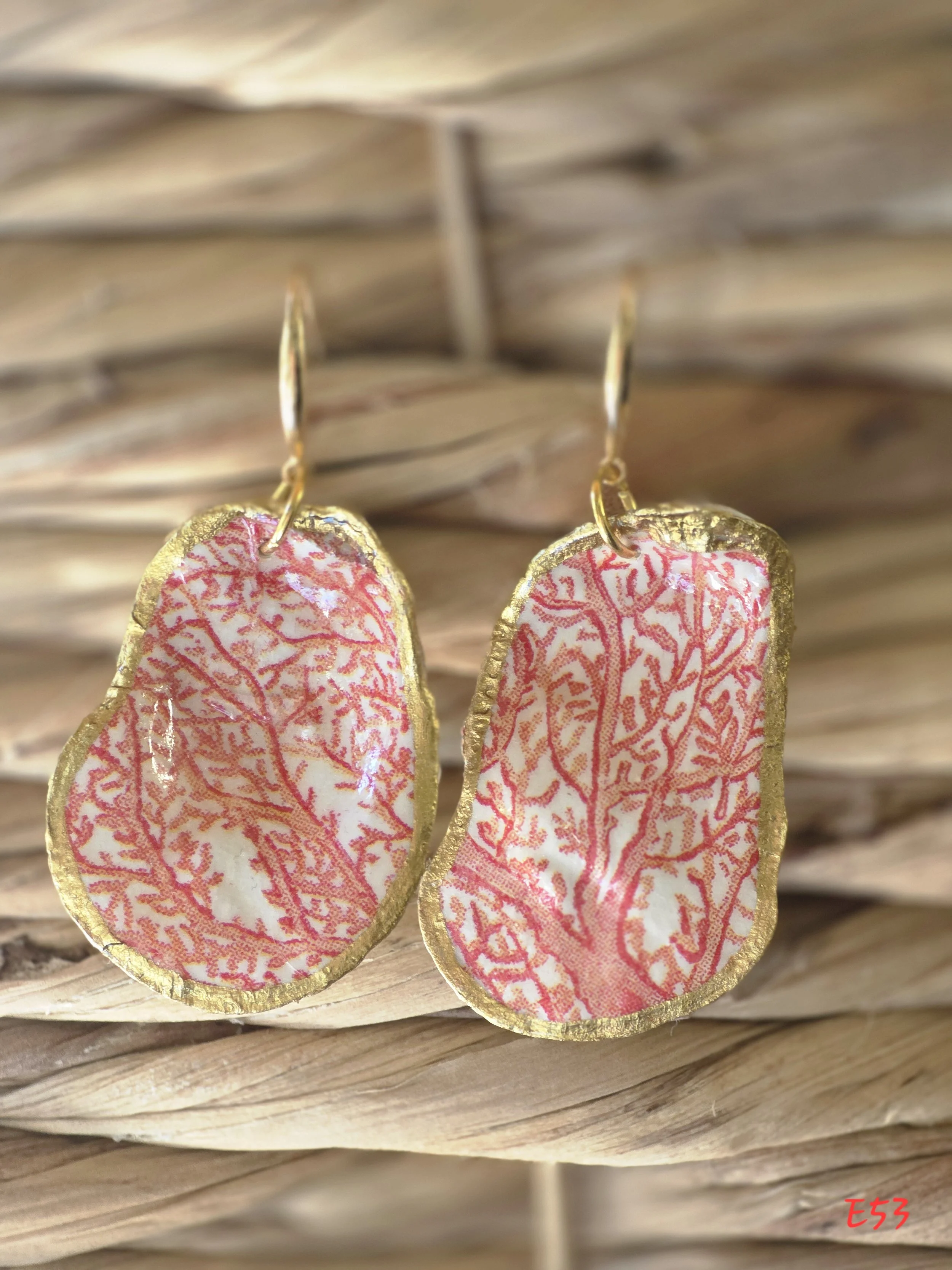 Red Coral Reef Gold Trim Oyster Shell Earrings