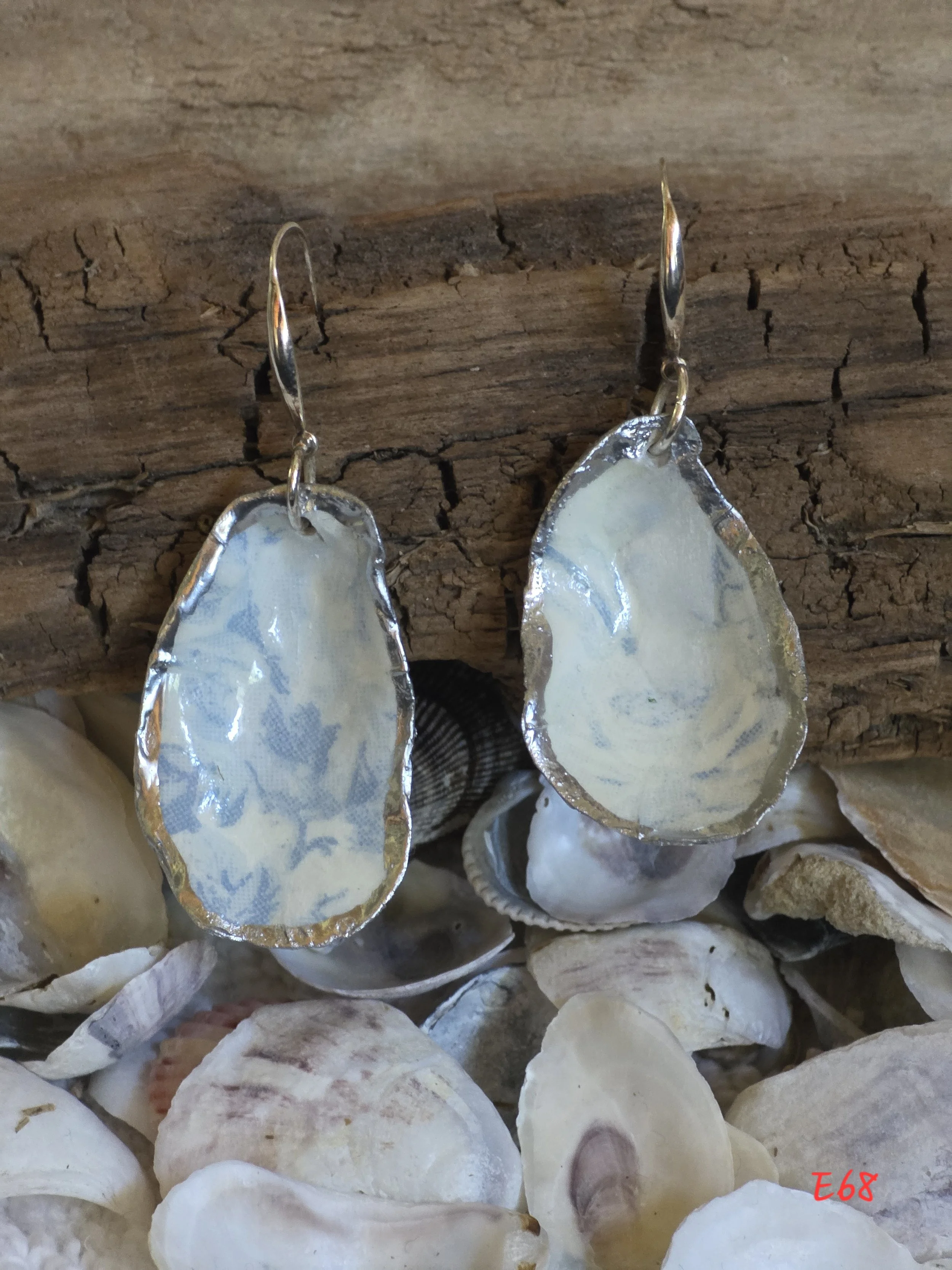 Baby Blue Toile Oyster Shell Earrings