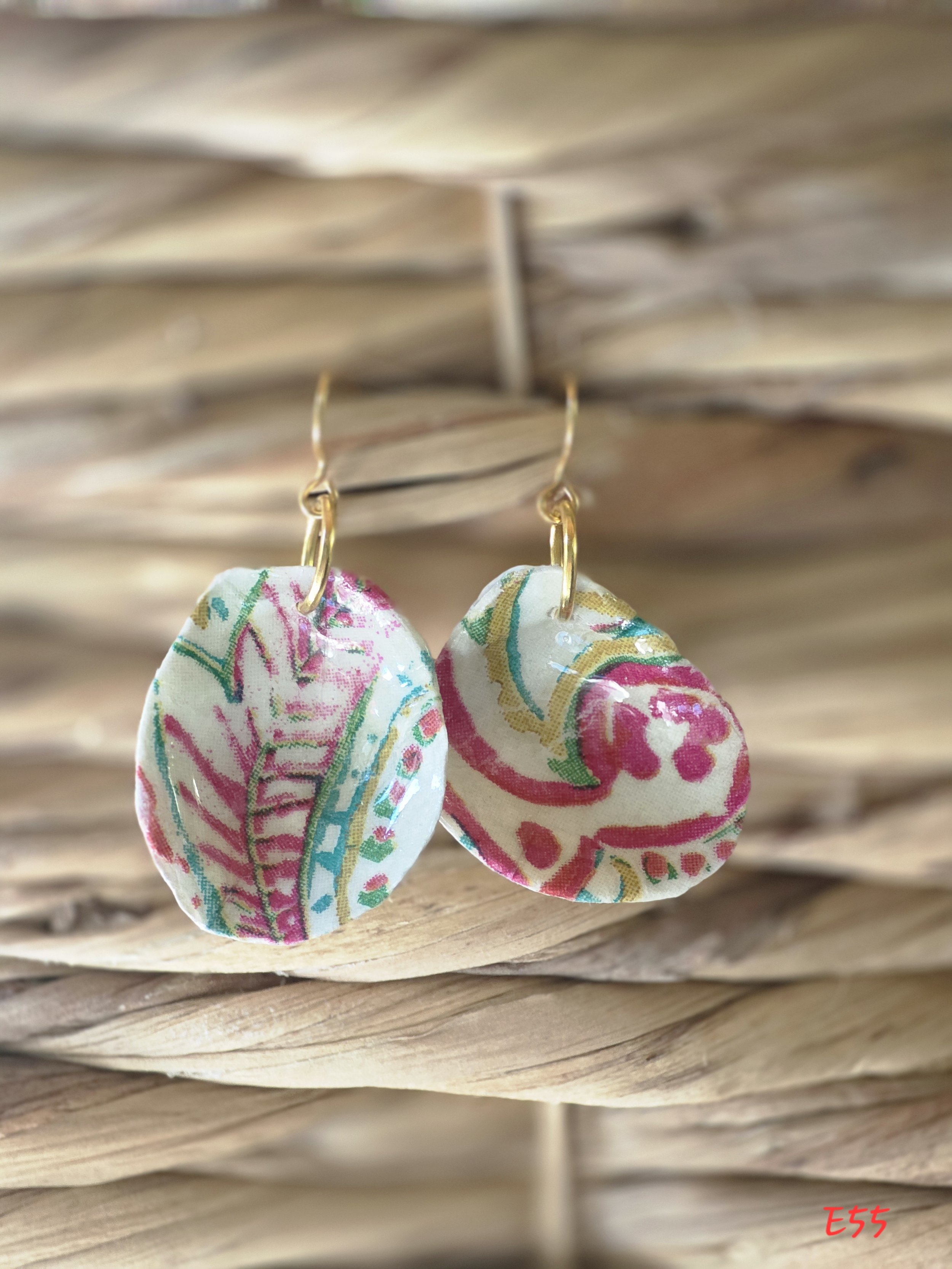 Pink and Green Paisley Oyster Shell Earrings