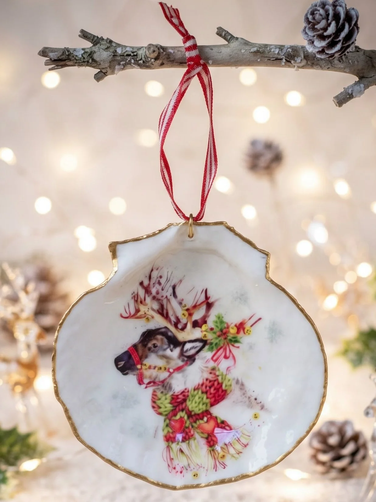 Whimsy Reindeer Scallop Shell Ornament