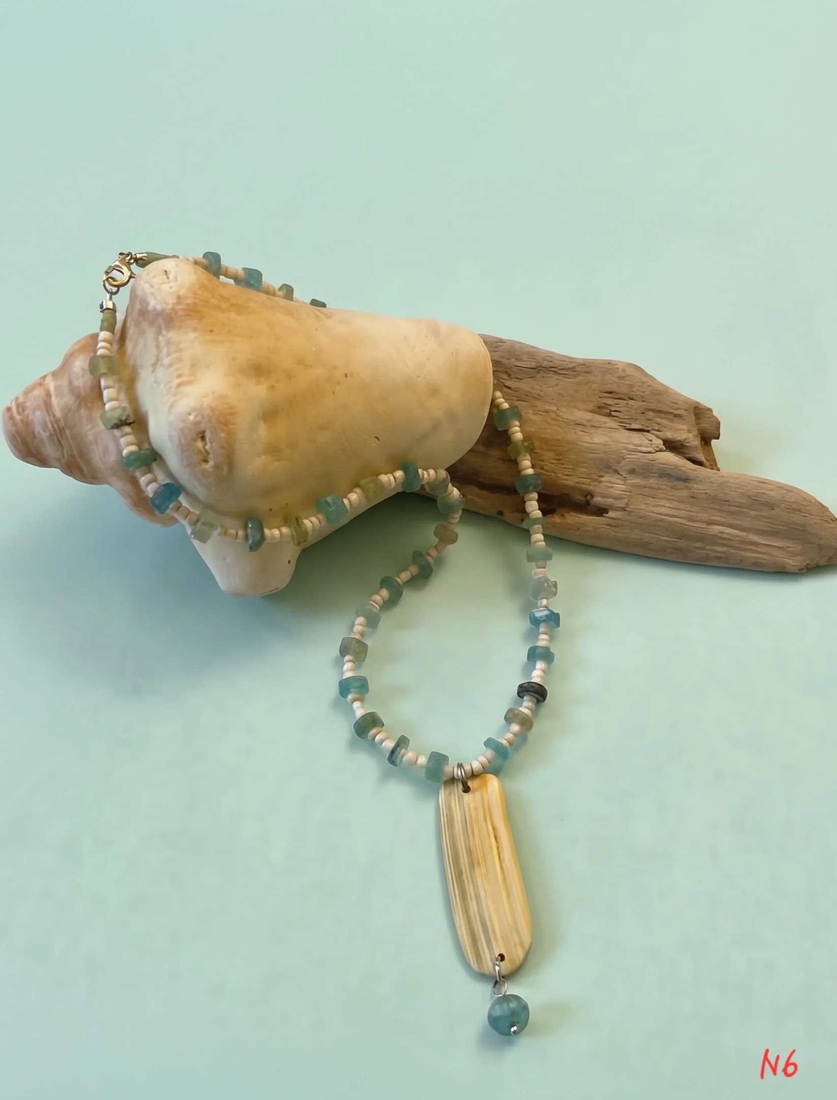 Roman Glass Necklace with Worn Shell Pendant