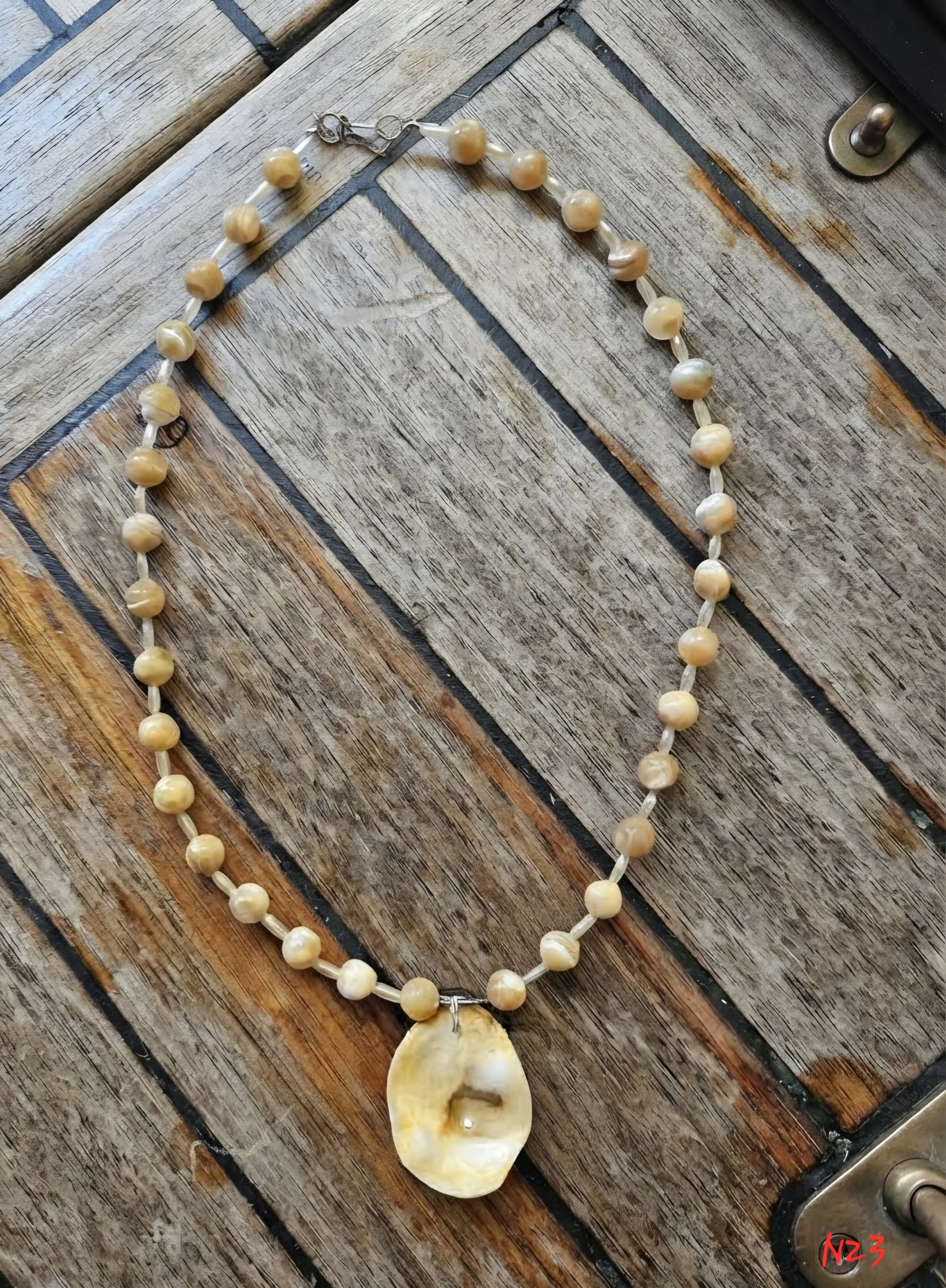 Carved Shell Bead, Oyster Charm Necklace