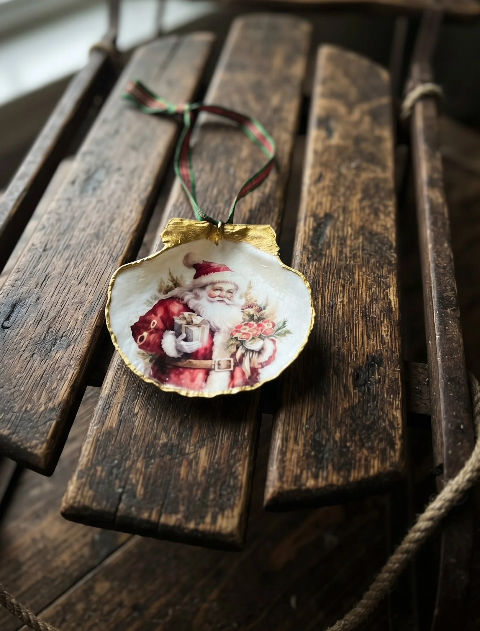 Santa with Gift Scallop Shell Ornament