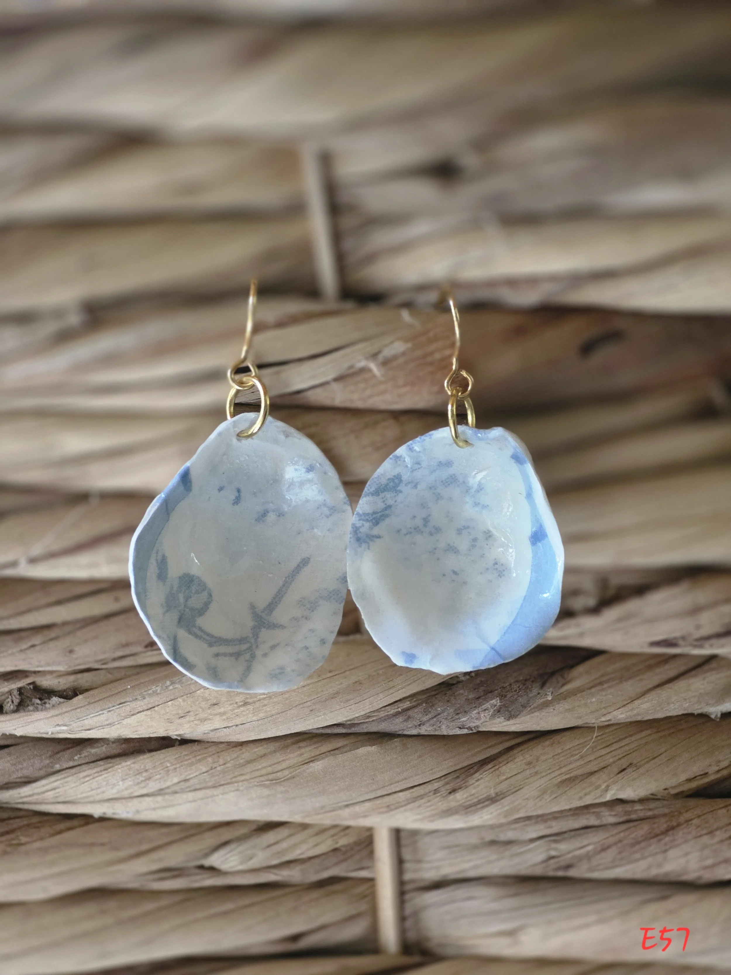 Light Blue Toile Oyster Earrings