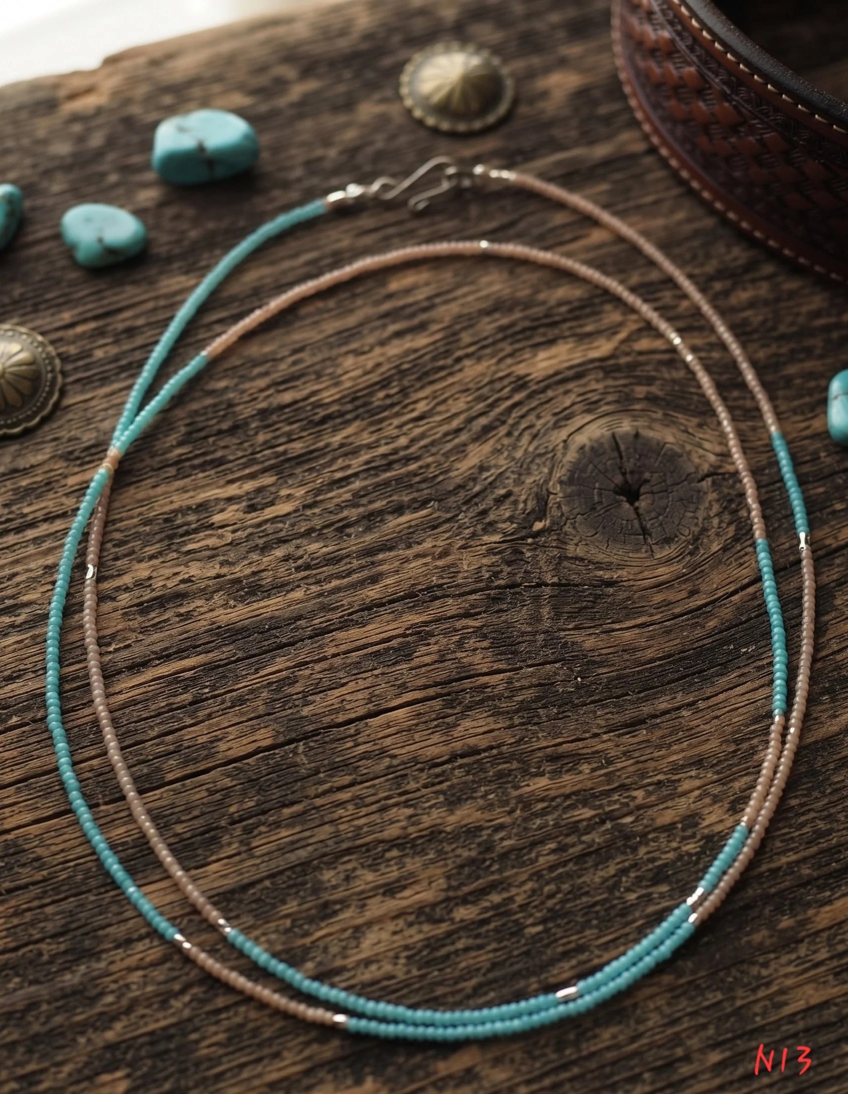 Turquoise and Taupe Double Wrap Necklace