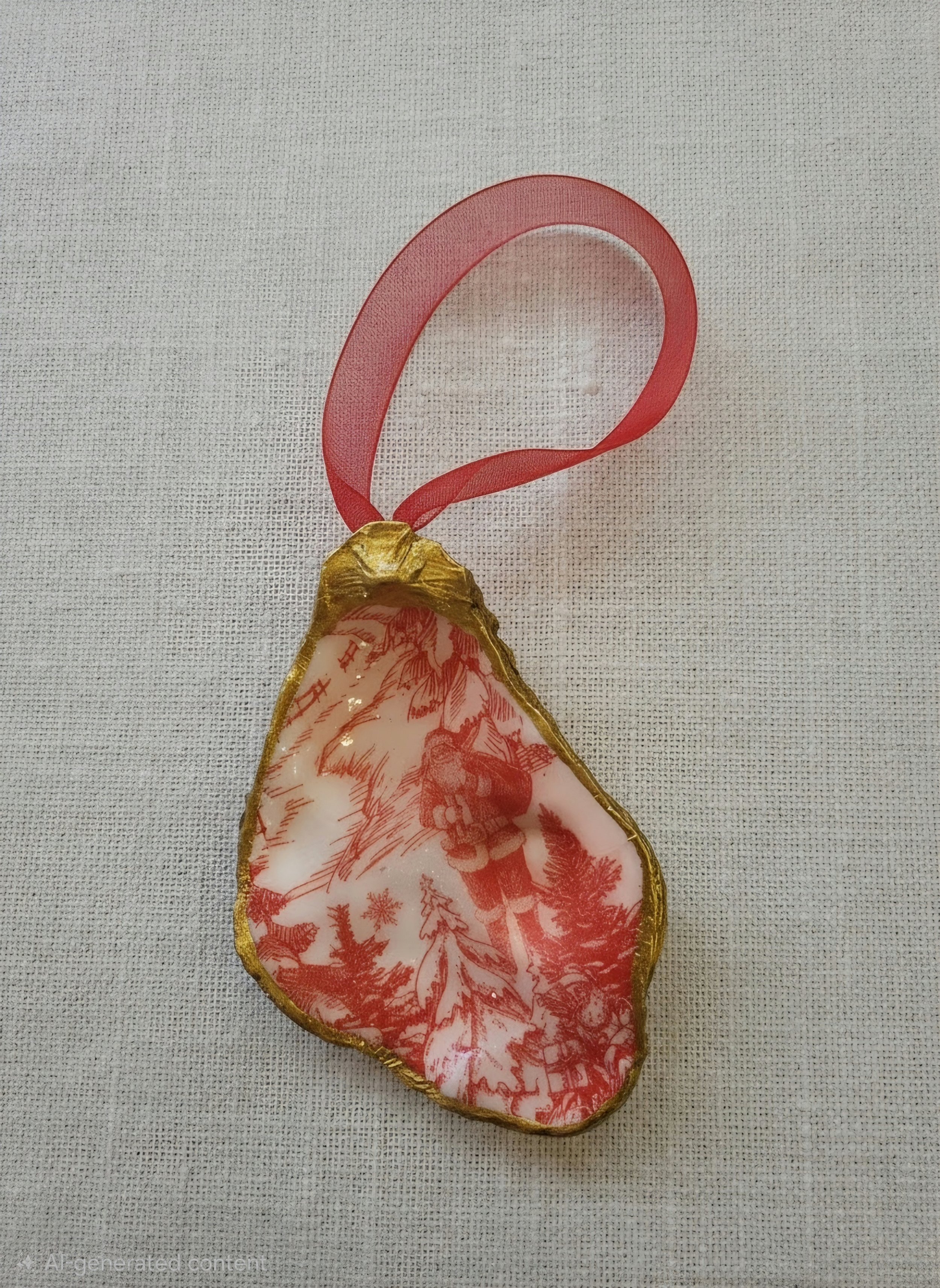 Medium Red Toile Oyster Shell Ornament