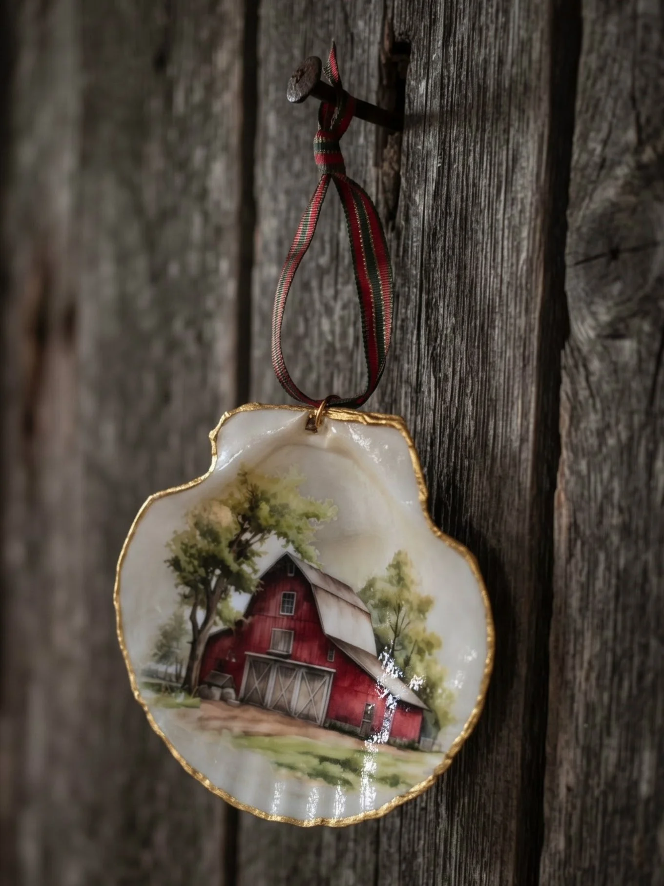 Red Barn Scallop Shell Ornament