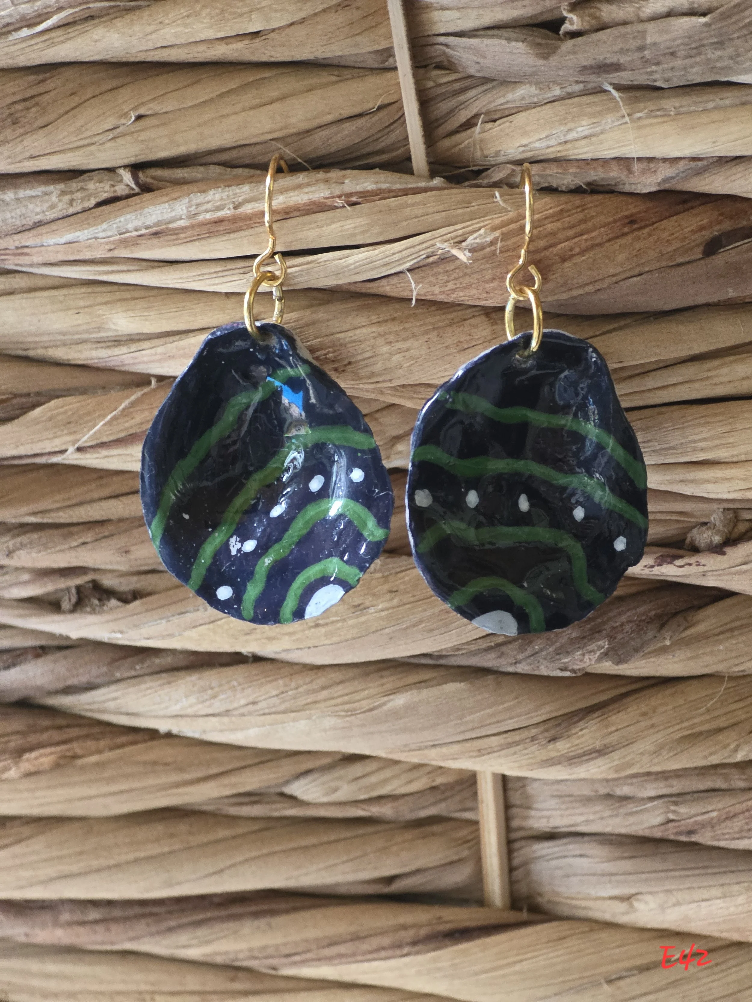 Navy and Green Oyster Shell Earrings