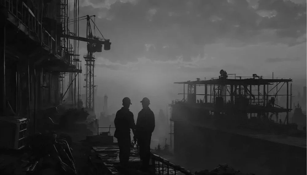 Silhouettes of two construction workers shaking hands on a construction site with cranes and a building under construction in the background, during dusk or dawn.
